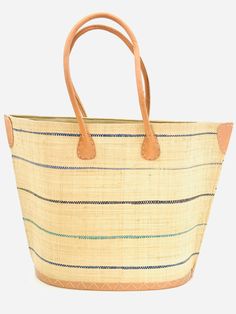 Shebobo Shebobo Blues Santa Cruz Pinstripes Small Straw Tote Bag - Little Miss Muffin Children & Home Striped Bag With Leather Handles For Everyday Use, Rectangular Beach Bag With Striped Lining, Rectangular Beach Bag With Striped Lining For Travel, Striped Rectangular Bag With Leather Handles, Striped Rectangular Beach Bag For Everyday Use, Striped Shoulder Bag With Leather Handles For Shopping, Striped Woven Rectangular Straw Bag, Rectangular Striped Woven Straw Bag, Striped Woven Rectangular Shoulder Bag