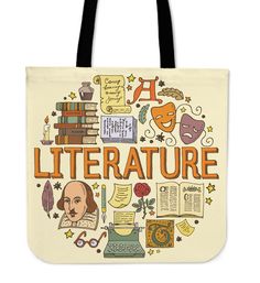 a tote bag with the words literature surrounded by books and other things on it