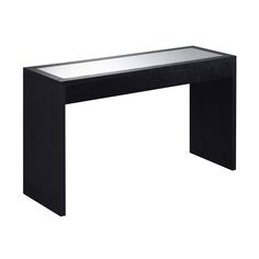 a black table with a glass top and silver trim around the edge, on a white background