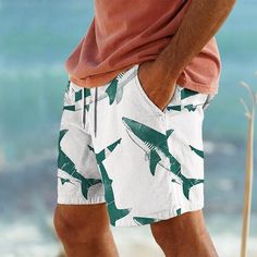 Category:WE-Pants; Season:Summer,All Seasons; Fabric:Polyester; Gender:Men's; Style:Vacation,Holiday,Hawaiian,Resort Style; Elasticity:Micro-elastic; Occasion:Holiday,Beach,Vacation; Fit Type:Relaxed Fit; Function:Lightweight,Breathable,Soft,Comfort; Waistline:Mid Waist; Pattern:Marine Life,Shark; Design:Drawstring,Elastic Waist,3D Print,with Mesh lining; Pants Type:Board Shorts,Swim Trunks,Swim Shorts; Fly Type:Drawstring,Elasticity; Front page:FF; Listing Date:01/27/2024; Production mode:Exter Outdoor Vacation Shorts, Vacation Outdoor Shorts, Summer Hawaiian Printed Bottoms, Casual Vacation Shorts For Outdoor, Summer Vacation Outdoor Shorts, White Shorts For Beach Season Outdoor Activities, White Beach Season Shorts For Outdoor, White Shorts For Outdoor Beach Season, White Beach Season Outdoor Shorts