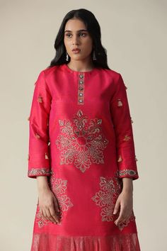 Red asymmetric tunic featuring foil printed mandala patterns, embellished by beads, tassels, mirrorwork and frilled hemline. Comes with striped pant. - Aza Fashions Tunic With Pants, Asymmetric Tunic, Foil Prints, Striped Pant, Pant For Women, Silk Tunic, Tunic Pattern, Silk Trousers, Color Rojo