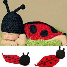 a baby wearing a knitted hat with two ladybugs laying on top of it