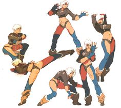 several different poses of an anime character in various outfits, with their arms outstretched and legs spread out