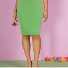 Large High-Waisted Soft Scuba Pencil Skirt. Top Also Available Green Stretch Pencil Skirt For Party, Spring Bodycon Pencil Skirt With Lining, Spring Bodycon Lined Pencil Skirt, Summer Bodycon Pencil Skirt, Bodycon Elastane Pencil Skirt, Chic High Waist Green Pencil Skirt, Chic Green High-waisted Pencil Skirt, Chic High-waist Green Pencil Skirt, Bodycon Pencil Skirt In Elastane