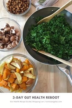 the three bowls are filled with vegetables and nuts