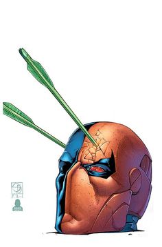 a comic character with two green arrows sticking out of it's face and head