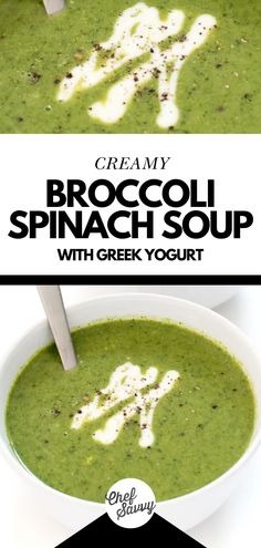 Save this Healthy and Easy Creamy Broccoli Spinach Soup With Greek Yogurt Recipe. This Skinny Creamy Broccoli Spinach Soup recipe takes less than 30 minutes to make and only requires one pot! It’s a light, refreshing healthy soup you can enjoy all year long. Perfect for summer and winter alike! Follow Chef Savvy for more easy Healthy Comfort Food!