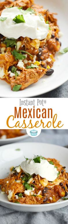 the mexican casserole is topped with sour cream