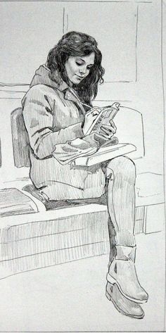 a pencil drawing of a woman sitting on a bench reading a book and looking at her phone