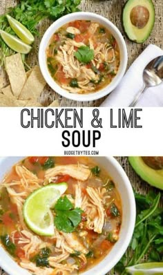 two bowls of chicken and lime soup with tortilla chips, avocado