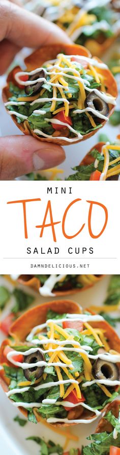 mini taco salad cups on a white plate with the title in orange and green