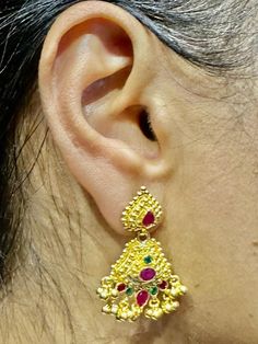 22 Karat Gold Drop Earrings with Ruby & Emeralds  - 235-GER14051 - in 9.300 Grams for USD $1,047.73 USD. 
Made in India by Totaram Jewelers Online this product is in Gold - 22 Karat BIS Hallmark 916 Gold  & is an excellent gift for Adult - Women. Ships fully insured with secured guaranteed delivery for free with your order over $250 from New Jersey USA & comes with 30 days exchange policy. 22k Gold Jewelry, India Gift, Gold Jewelry Indian, Gold Drop Earrings, Online Jewelry Store, Gifts For Adults, Screw Back Earrings, 22k Gold, Indian Jewelry