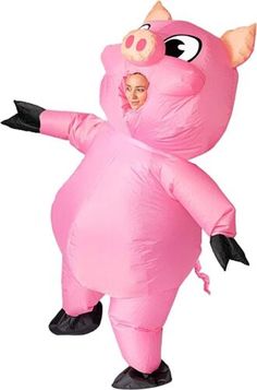 an inflatable pig costume is shown with a woman's face on it