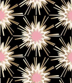 a black and white pattern with pink stars in the center, on a black background