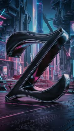 the letter z is surrounded by futuristic cityscapes and neon lights in this digital painting