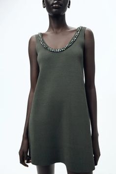 PLAIN KNIT DRESS WITH JEWEL BEADING - Green | ZARA United States Zara Embellished Sleeveless Dress, Cargo Shirts, Star Sweater, Trench Jacket, Shirt Blouses Tops, Cardigan Sweater Dress, Rhinestone Bead, Sleeveless Mini Dress, Puffer Coat