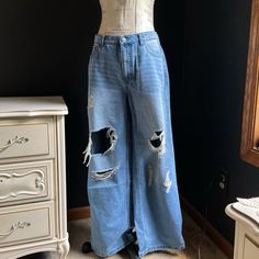 Y2k Jeans - Brand New (Got Sent The Wrong Size And Couldn’t Return) Distressed Grunge Ripped Blue Jeans With A Perfect High Waisted And Baggy Fit, Perfect For A Grunge, Skater, Or Streetwear Look, Size 12 Xl Flat Measurements Waist: 16in Hip: 19in Length: 42in Inseam: 33in Rise: 4in Jeans With Holes, Baggy Grunge Jeans, Baggy Grunge Full Length Flare Jeans, Baggy Acid Wash Jeans, Faded Ripped Baggy Jeans, Grunge Wide Leg Faded Jeans, Ripped Jeans Aesthetic, Baggy Ripped Jeans Outfit, Baggy Washed Blue Grunge Jeans