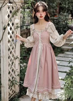 Pink Peasant Dress, Princess Neckline Dress, Pink Fairycore Dress With Square Neck, Princess Core Fashion, Fitted Long Sleeve Fairycore Dress, Pink Dnd Outfit, Pink Fairycore Dress For Spring, Spring Fairycore Pink Dress, Pink Vintage Clothes