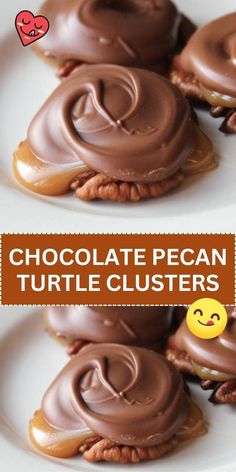 chocolate pecan turtle clusters on a white plate with text overlay reading chocolate pecan turtle clusters