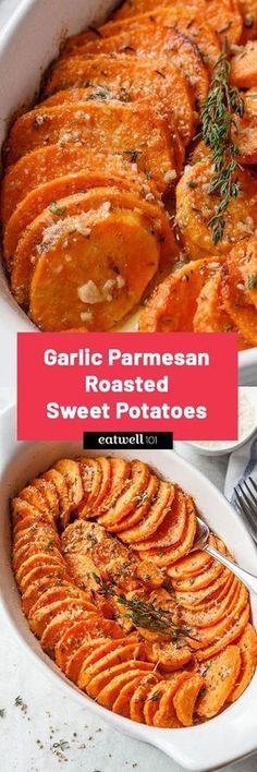 garlic parmesan sweet potato casserole in a white dish