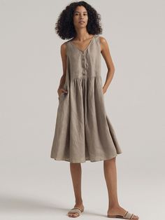 Come to Shopcozy to buy Dresses at a discounted price, SPU: 44912DR9P807C, Color: Brown, Material:Linen, Sleeve Length:Sleeveless. Linen Jumper Dress, Earthy Wardrobe, Midi Dresses Casual, Neutral Vibes, Linen Jumper, Comfy Summer Dresses, Mosaic Dress, Outstanding Outfits, Linen Dress Summer