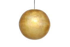 a golden ball hanging from a string on a white background