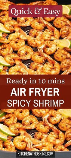 air fryer shrimp with text overlay reading quick and easy ready in 10 mins