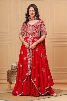 Red anarkali with floral dabka, cutdana, beads and sequins embroidery. Paired with coordinating solid sharara and dupatta. - Aza Fashions Anarkali Style Red Sharara With Dabka, Red Churidar For Diwali Reception, Red Churidar For Reception At Diwali, Red Churidar For Reception During Diwali, Red Designer Dabka Anarkali Set, Designer Red Anarkali Set With Dabka Embroidery, Red Anarkali Set With Dabka For Designer Wear, Red Dabka Anarkali Set, Red Anarkali Set With Dabka Detailing