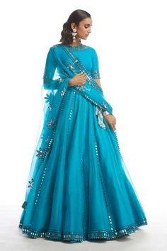 Shop for Vvani by Vani Vats Blue Blouse Embellished Lehenga Set for Women Online at Aza Fashions Chiffon Anarkali, Vani Vats, Lehenga Dupatta, Blue Lehenga, Classic Blouses, Blue Mirror, Embroidered Neckline, Indian Fashion Designers, Silk Organza