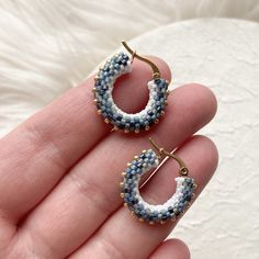 Denim Beaded Hoop Earrings Blue White and Gold Seed Bead Hoop Earrings Ready to Ship Gift Under 40 for Mom - Etsy Blue Hoop Beaded Earrings With Tiny Beads, Blue Beaded Hoop Earrings Gift, Blue Hoop Earrings With Tiny Beads, Blue Small Hoop Earrings With Tiny Beads, Gift Blue Beaded Hoop Earrings, Small Hoop Beaded Earrings With Spacer Beads For Gifts, Small Hoop Beaded Earrings With Spacer Beads As Gift, Handmade Everyday Hoop Beaded Earrings, Gift Small Hoop Beaded Earrings With Tiny Beads