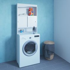 a white washer sitting next to a dryer in a blue room with tile flooring