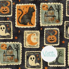 an image of halloween fabric with cats and pumpkins