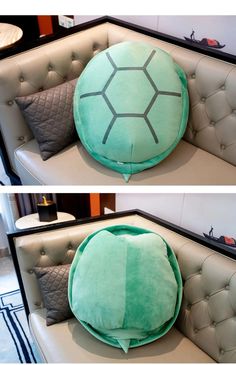 two pictures of a turtle pillow on top of a couch with the same cushion as it appears to have been made