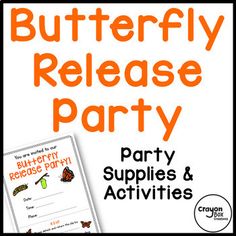 a butterfly release party with orange and black text