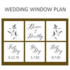 the wedding window plan is shown with four different names and two leaves on each side