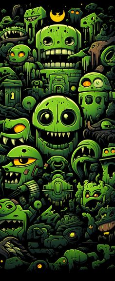 a bunch of green monsters with glowing eyes and fangs on their faces, all in the same pattern