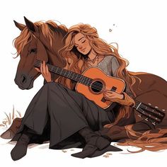 a woman sitting on the ground next to a horse holding a guitar and looking at it