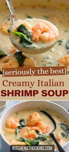 creamy italian shrimp soup with spinach in a white bowl