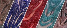 four different colors of sequins are shown in this image, one is red, one is blue and the other is white