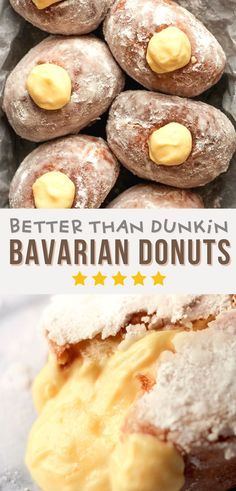 doughnuts with butter and powdered sugar on them are shown in this advertisement