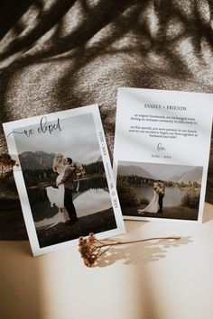 two wedding photos are laying next to each other on a table with an envelope and flower