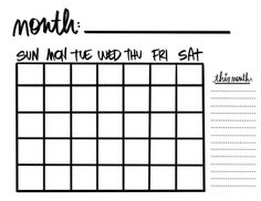 a printable calendar with the words, month and sun in black ink on white paper