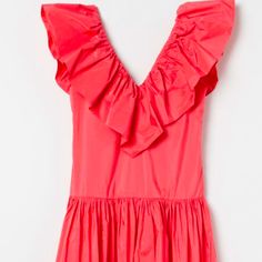 Coral Taffeta Dress From Hm. Nwwt. Size Xs Summer Ruched Taffeta Dress, Summer Taffeta Dress With Ruffles, Pink Taffeta Summer Dress, Summer Pink Taffeta Dress, Pink Taffeta Dress For Summer, Chic Summer Taffeta Dress, H&m Ruffled Dress For Brunch, H&m Party Dresses With Ruffles, Spring H&m Ruched Dresses