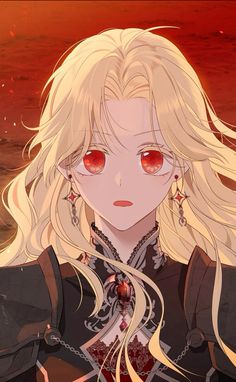 an anime character with long blonde hair and red eyes