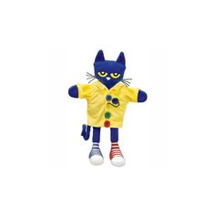 a blue and yellow cat stuffed animal on a white background