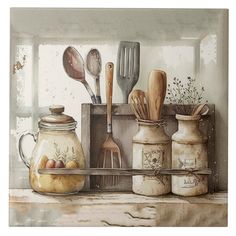 an oil painting of kitchen utensils on a shelf