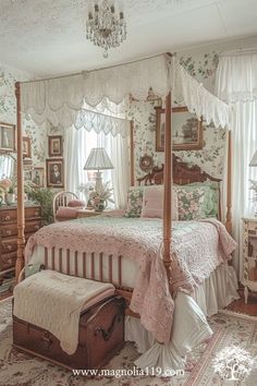 an old fashioned bedroom with floral wallpaper and canopy bed, dressers, chest of drawers, and mirror on the wall