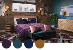 a bed room with a neatly made bed next to a brick wall and colorful pillows