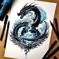 a drawing of a dragon with blue and black ink