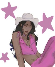 a drawing of a woman in a pink shirt and cowboy hat with stars around her